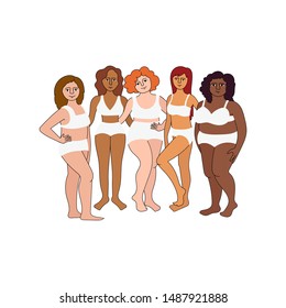 Women of different races, ages, figures. Group of women in underwear and swimsuits are standing next to each other. Body positive movement and beauty diversity. Vector illustration