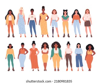 Women Of Different Races, Body Types, Hairstyles. Social Diversity Of People In Modern Society. Woman With Physical Disability. Fashionable Casual Outfit. Hand Drawn Vector Illustration