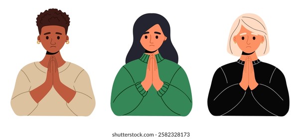 Women of different races in casual clothes pray with their hands folded in a gesture of apology