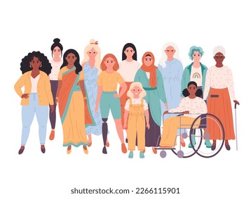 Women of different races, nationalities, ages, body types. International Women's Day. Social diversity of people in modern society. Vector illustration in flat style