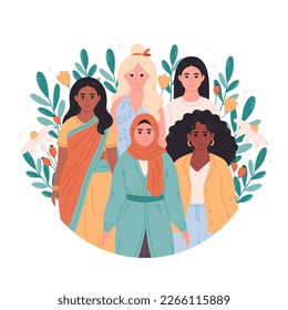 Women of different races, nationalities. International Women's Day. Feminism and women equality, empowerment. Vector illustration in flat style