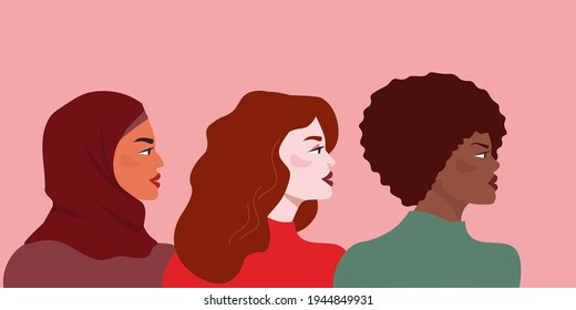 Women of different races, nationalities, skin color and hair stand in profile, looking in one direction.  The concept of feminism, female friendship, sisterhood, tolerance, equality. Vector graphics.