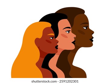 women of different races in profile, flat style vector illustration