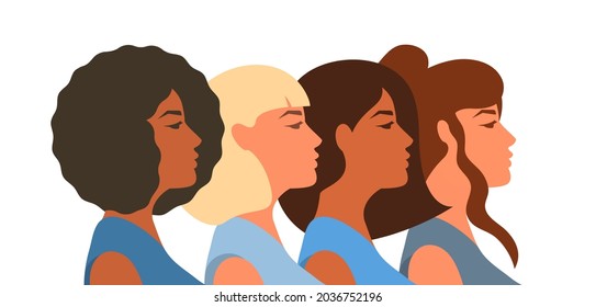 Women of different races in profile, their heads are proudly raised, African, European, Asian, Slavic skin and hair types. Vector illustration, flat cartoon design isolated on white background, eps 10