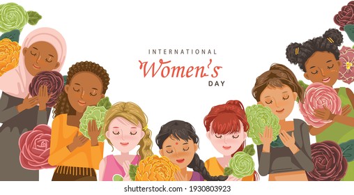 Women of different races and religions. Group of girls holding flower with number 8 greeting card. international womens day on 8th March every year. 