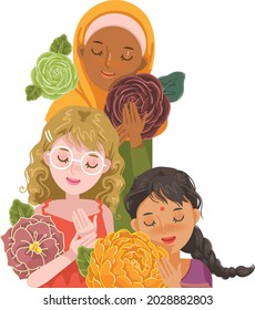 Mujeres de diferentes razas y religiones. Grupo de chicas con flores.  Día Internacional de la Mujer y Día Internacional de la Niñez.