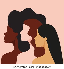 Women of different races standing together. Profile silhouettes of three female characters with various skin colors and hair styles. Minimal flat style illustration. Feminist movement concept