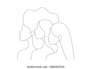 Women of different races standing together. Profile silhouettes of three female characters with varaious hairstyles. Minimal line art style illustration. Feminist movement concept