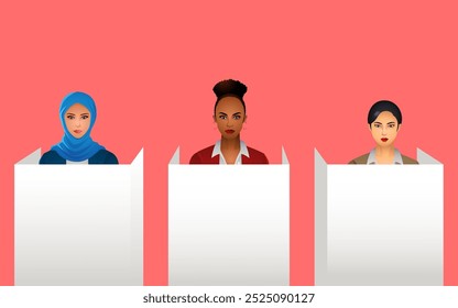 Mulheres de diferentes raças em pé nas cabines de votação, simbolizando a diversidade e o empoderamento na participação democrática. Perfeito para temas de igualdade, dever cívico e envolvimento político