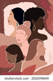 Women of different races together on an abstract autumn background with leaves. modern vector flat illustration. isolated by layers. movement to empower women. women support
