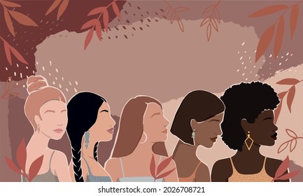 Women of different races together on an abstract autumn background with leaves. modern vector flat illustration. isolated by layers. movement to empower women. International Women's Day. women support