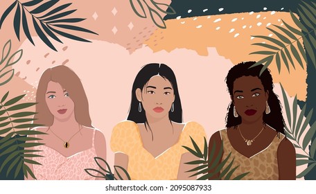 Women of different races together on an abstract background with leaves. modern vector flat illustration. isolated by layers. movement to empower women. International Women's Day. women support