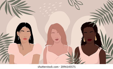 Women of different races together on an abstract background with leaves. modern vector flat illustration. isolated by layers. movement to empower women. International Women's Day. women support