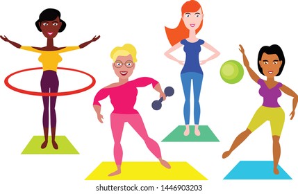 Women with different shapes and different skin color in sportswear doing fitness on mats, isolated white background.