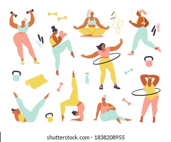 Frauen in verschiedenen Größen, Altersgruppen und Rennen Aktivitäten. Eine Reihe von Frauen, die Sport treiben, Yoga, Joggen, Springen, Stretching, Fitness. Sport Frauen Vektorgrafik einzeln auf weißem Hintergrund.