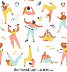 Women different sizes, ages and races activities. Pattern of women doing sports, yoga, jogging, jumping, stretching, fitness. Seamless pattern in vector.