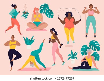 Women different sizes, ages and races activities. Set of women doing sports, yoga, jogging, jumping, stretching, fitness. Sport women vector flat illustration isolated on pink background.