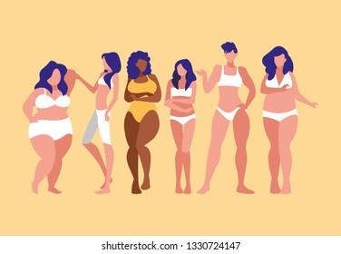 women of different sizes and races modeling underwear
