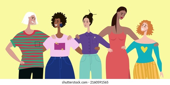 Women with different skin color, clothing, hairdo, build and height. The girls hug. Friendship, support. Movement for the empowerment of women.