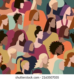 Women with different skin color, clothing, hairdo. Vector pattern. Movement for the empowerment of women. Indian, African girls, Muslim women in hijab