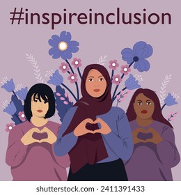 Women with different skin color and ethnic groups showing sign of heart with their hands. Concept of woman, femininity, diversity, independence and equality. Vector illustration.