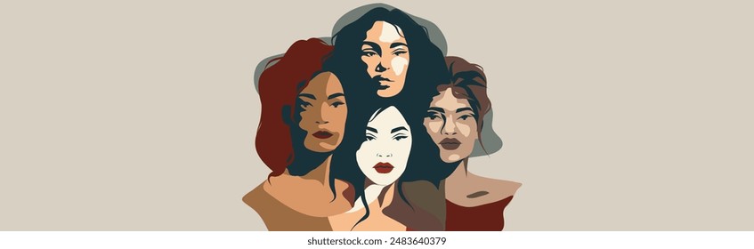 Women of different skin colors, cultures and nationalities Abstract banner for International Women's Day, Mother's Day, feminists. Concept of the movement for gender equality and women's empowerment