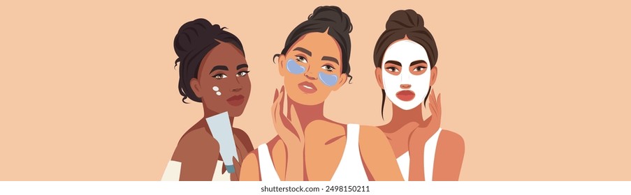 Women of different skin colors and cultures take care of their skin. Facial care cosmetics, creams, masks, serums, patches. Vector illustration on the theme of beauty for a website, banner with text