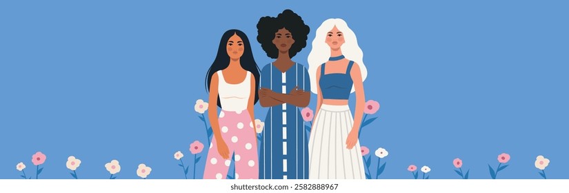 Women of different skin colors and hairstyles with text and colored background. Spring banner for Women's Day, Feminism Day. Gender equality and women's empowerment. For women's holidays or any women'