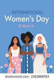 Women of different skin colors and hairstyles with text and colored background. Women's day, women's month, feminism. Gender equality and women's empowerment. Illustration for women's holidays and pro