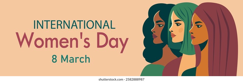 Women of different skin colors and hairstyles with space for text. Women's day, feminism. Gender equality and women's empowerment. Vector horizontal banner with space for text