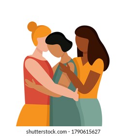 Women with different skin colors hug. The concept of anti racism, the unity of different races, a friendly hug. African, Asian and European races. Flat vector illustration isolated