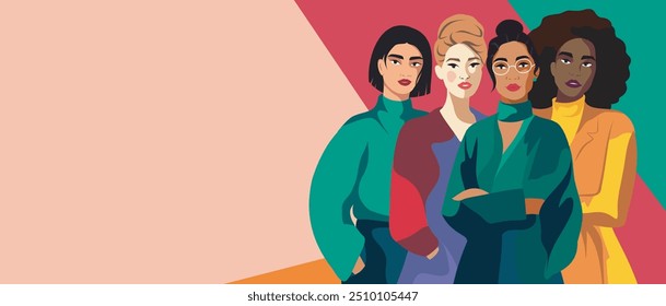 Women of different skin colors, nationalities and religions stand together. International Women's Day. Movements for gender equality and women's empowerment for advertising, website. Vector banner.