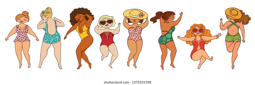 Women of different skin colors and sizes body positive concept vector illustration isolated on white background. Active healthy lifestyle female cartoon characters.