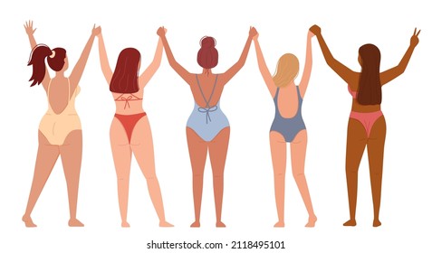 Women with different skin colors in swimsuits hold each other's hands. A view from the back of a group of females having fun in the summer. The concept of female friendship and support. Flat vector 