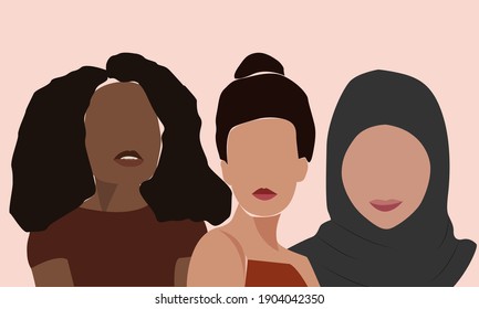 Women With Different Skin Colors Together. A Minimal Portrait Of Two Girls. Vector Illustration