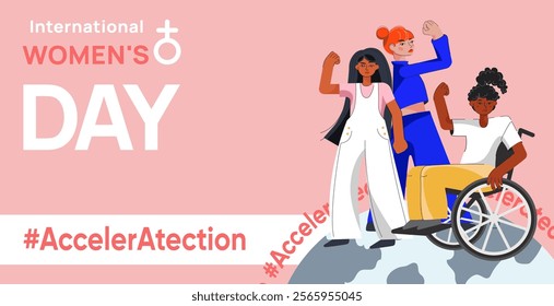 Women of different skin with Inclusion banner for International Women's Day 2025 in Accelerate Action pose.Happy Womens Day.Different Female Characters Gender Equality concept.Vector illustration