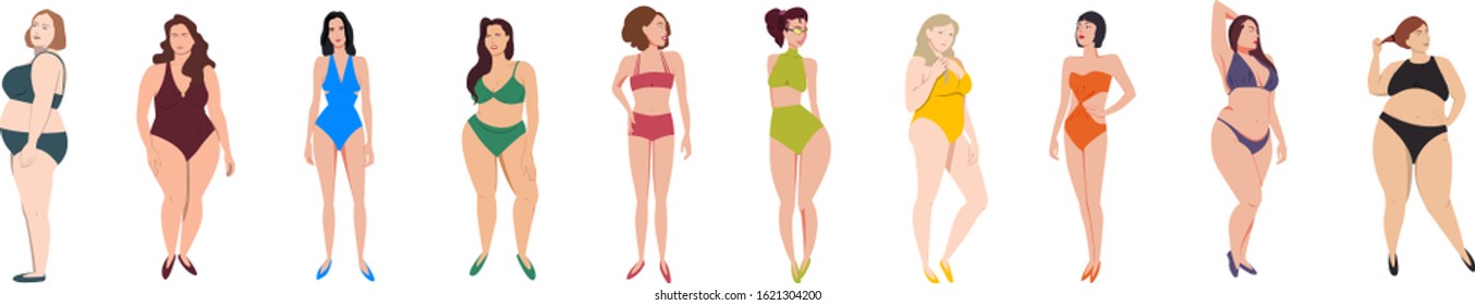 Women with different types of bodily shapes and sizes body, dressed in womens swimsuits, stand in different bodies poses, demonstrating a womanhood body. Isolated set womens body on a white background