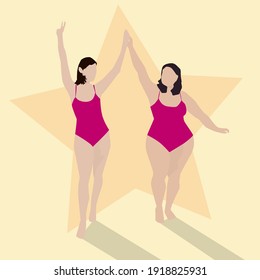 Women with different types of body shapes and body sizes, dressed in women's swimsuits, stand in different postures, demonstrating femininity. Woman body isolated on a yellow background with star.