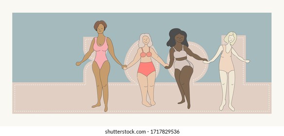 Women with different types of figures, different nationalities and different hair colors in swimsuits on the beach. Vector illustration in flat style pastel colors.