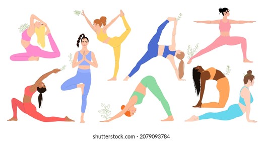 Women in different yoga asanas vector illustration. Different women doing yoga set.Isolated on white background