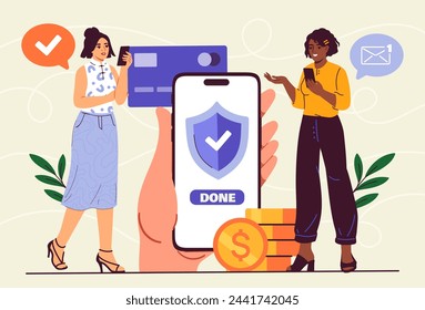 Women with digital wallet. Young girls with credit card and smartphone. Electronic transfers and transactions. Cashless payment. Online shopping and marketing. Cartoon flat vector illustration