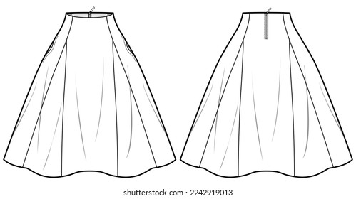 Women dirndl circle Skirt flat sketch illustration with front and back view,  bell skirt fashion technical drawing vector template mock up