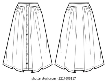 Women dirndl Skirt flat sketch illustration, Set of Womens pleated  skirt font and back view technical drawing vector illustration