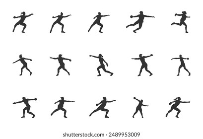 Women discus thrower silhouette, Discus silhouettes, Female discus silhouette, Female player vector set. 