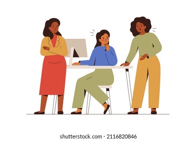 Women discuss together some idea or solution. Creative Females colleagues  work together on one project. Partners have  Business meeting or brainstorming in the office. Coworking concept. Vector