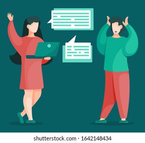 Women discussing business issues effective time management concept. Vector illustration of female worker with laptop, communication and planning concept. Career optimization, speech bubbles with info
