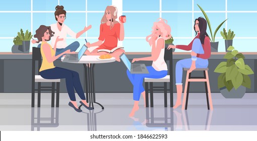 women discussing during meeting in conference area female empowerment movement girl power union of feminists concept horizontal full length vector illustration