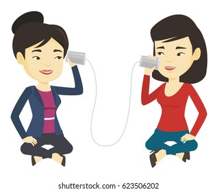 Women discussing something using tin can telephone. Woman getting message from friend on tin can phone. Women talking through a tin phone. Vector flat design illustration isolated on white background.