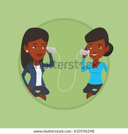 Women discussing something using tin can phone. Woman getting message from friend on tin can phone. Girls talking through tin phone Vector flat design illustration in the circle isolated on background