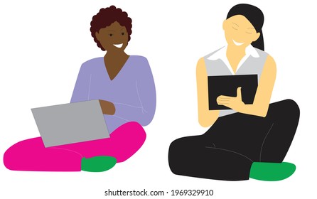 Women discussing working project, sitting at the computer, exchanging information.
